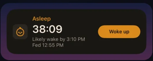 A Live Activity on the Lock Screen: asleep for 38 minutes, likely to wake by 3:10 PM, with a Woke up button.